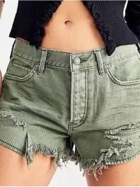 We The Free Olive Green Distressed Denim Shorts